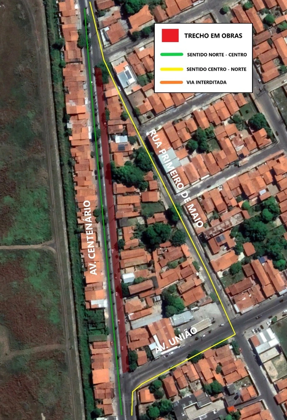 Novo trecho interditado a partir desta quinta-feira (05) na Avenida Centenário, entre a Avenida União e Rua José Marques da Rocha