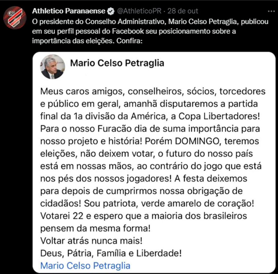 Athletico-PR compartilha posicionamento do presidente do Conselho Administrativo, Mário Celso Petraglia