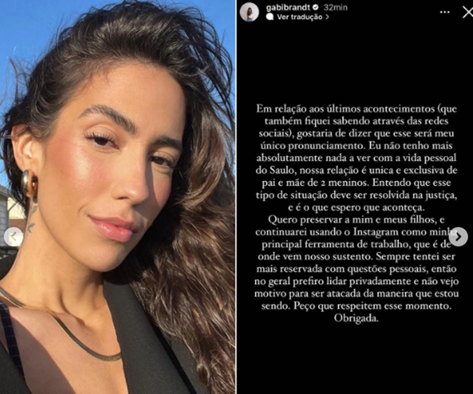 Gabi Brandt já foi casada com Saulo Poncio, mas atualmente não possui nenhum tipo de relação com o ex