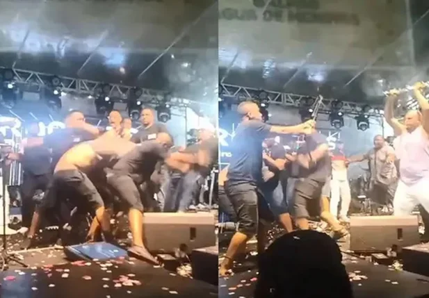 Integrantes das bandas Psirico e Samba Trator brigam em cima de palco na Bahia