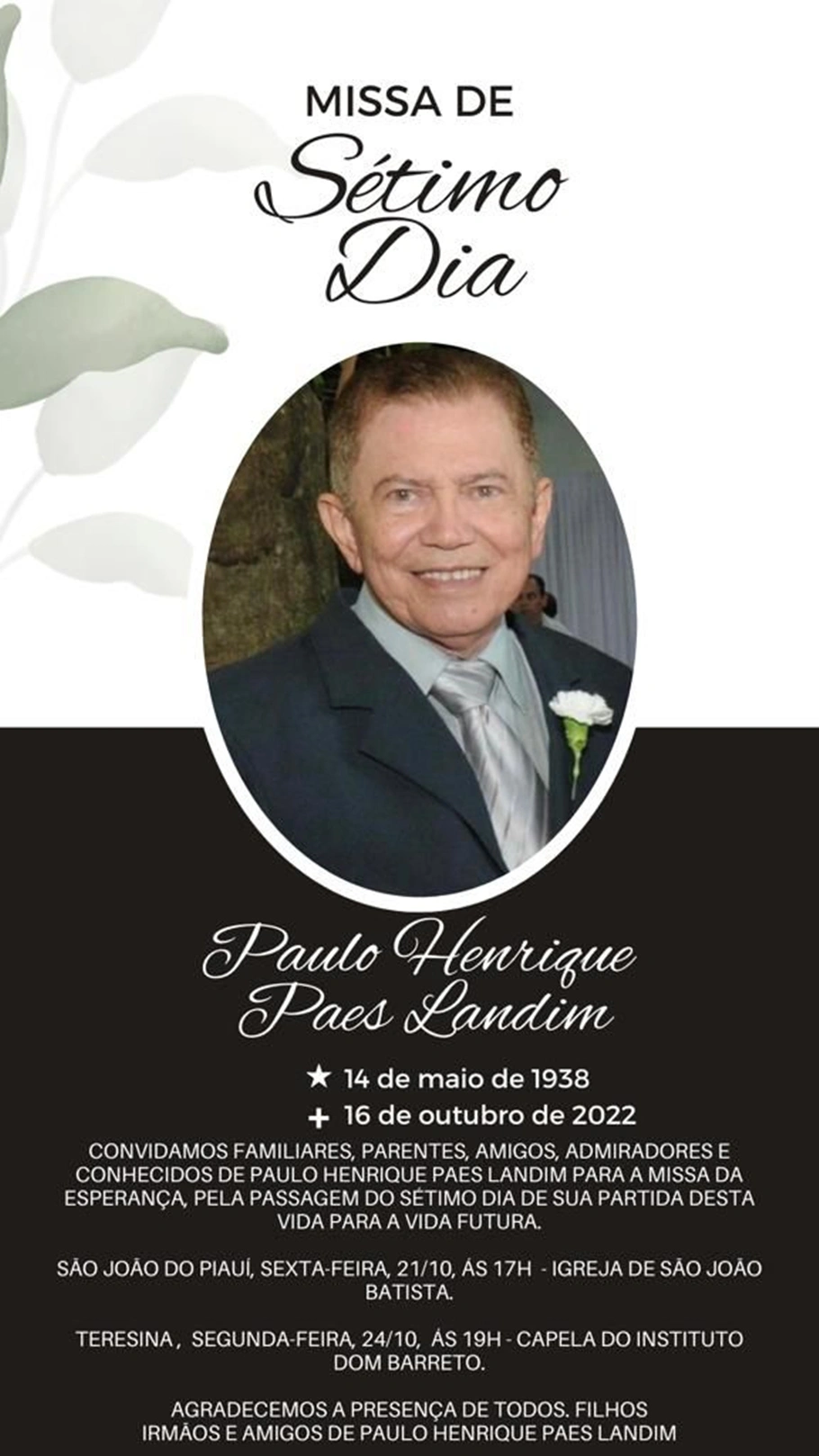 Missa de Sétimo Dia de Paulo Henrique Paes Landim
