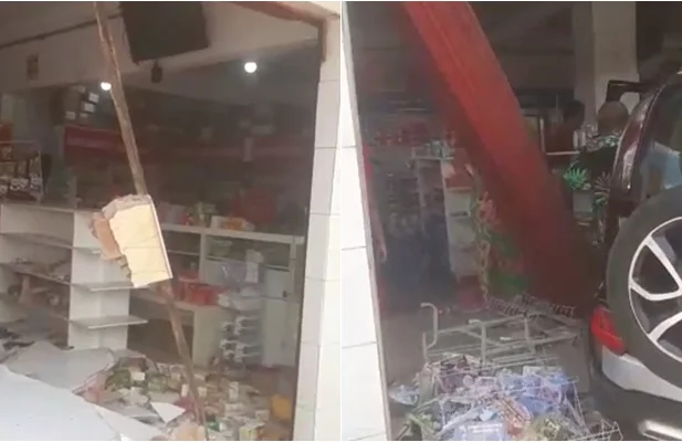 Motorista colide em motoqueiro e invade farmácia
