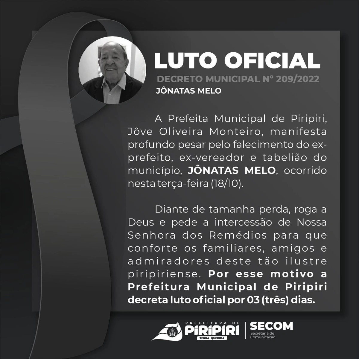 Prefeitura de Piripiri decreta luto de 3 dias pela morte do ex-prefeito Jônatas Melo