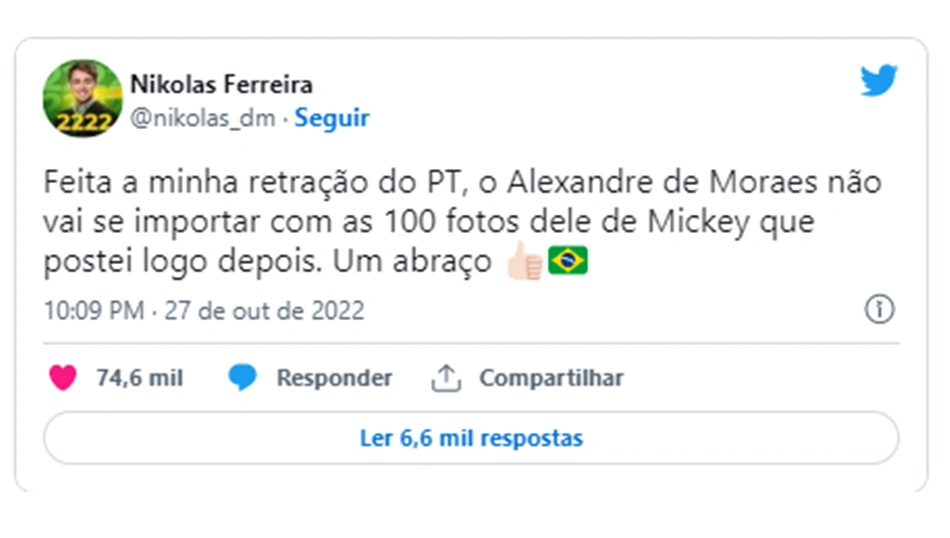 Tuíte Nikolas Ferreira