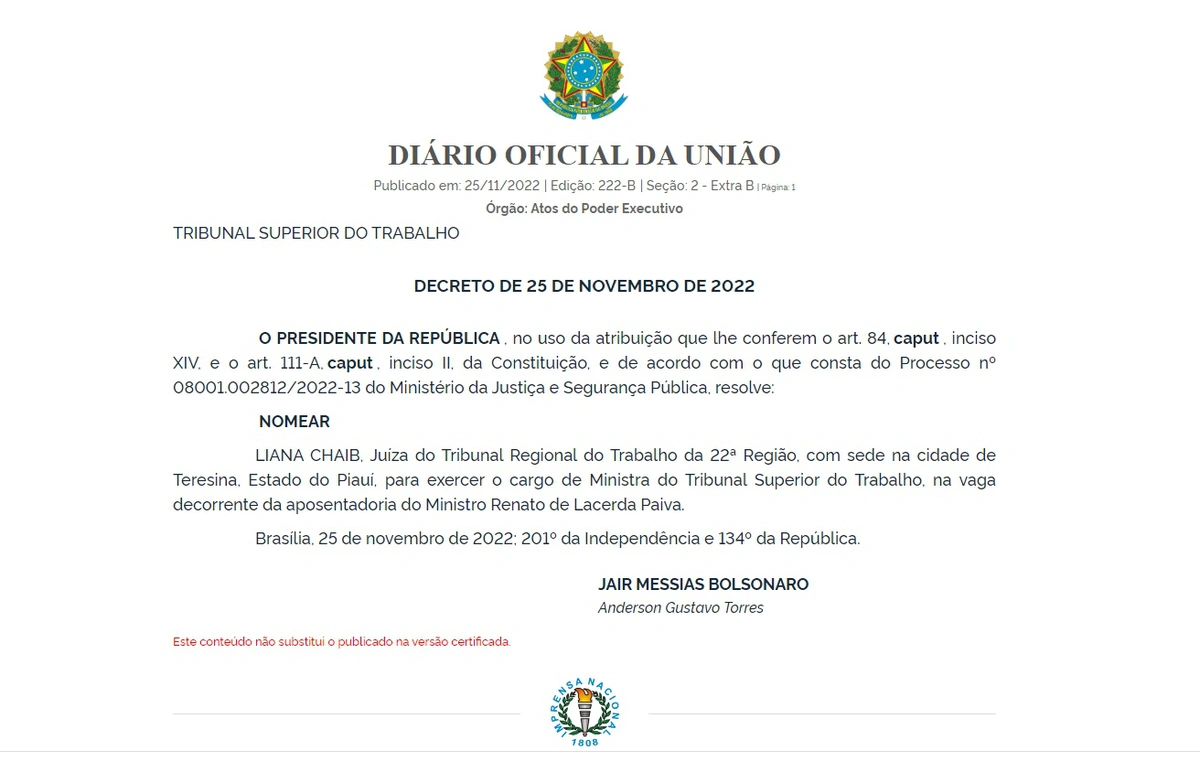Decreto de nomeação da desembargadora Liana Chaib