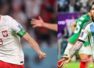 Lewandowski comemorando seu primeiro gol em Copa do Mundo; Messi comemorando gol sobre o México