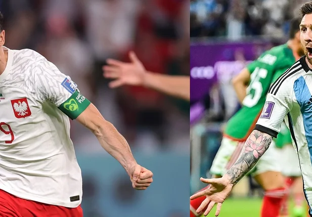 Lewandowski comemorando seu primeiro gol em Copa do Mundo; Messi comemorando gol sobre o México