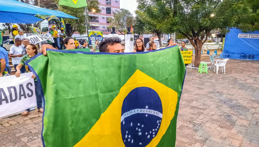 Manifestante segurando bandeira do Brasil