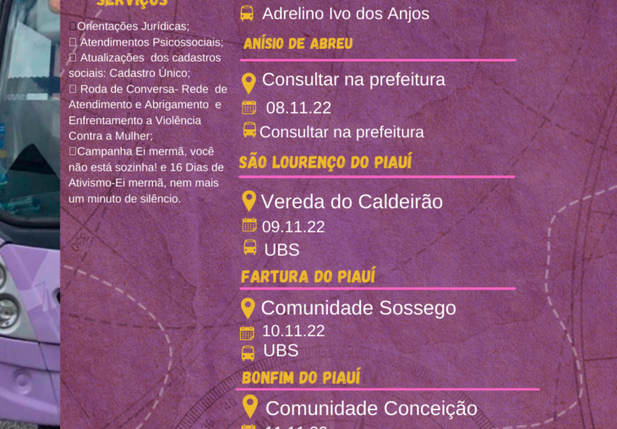 Ônibus Lilás oferecerá serviços de atendimento às mulheres no Território Serra da Capivara
