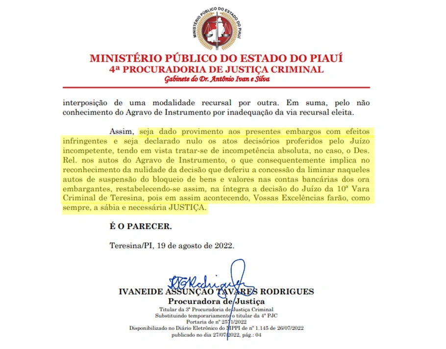 Parecer da procuradora Ivaneide Assunção Tavares
