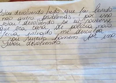 Ladrão furta objetos e deixa um bilhete com pedido de desculpas