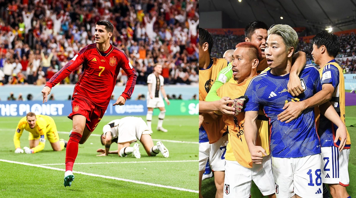 Morata comemorando gol sobre a Alemanha; seleção do Japão