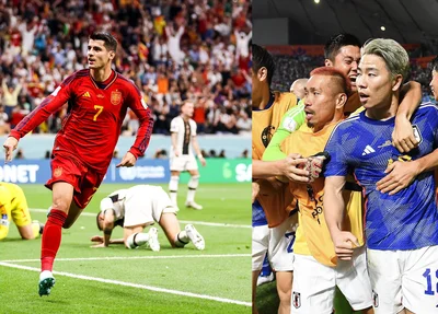Morata comemorando gol sobre a Alemanha; seleção do Japão