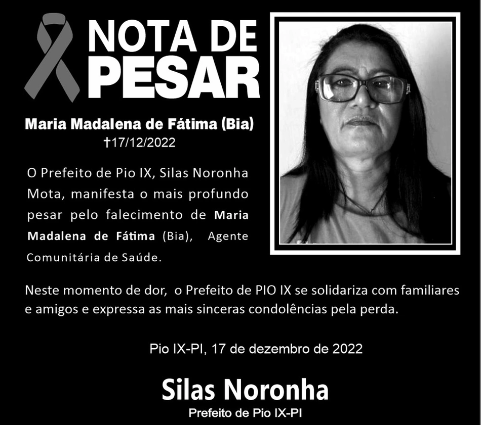 Nota de pesar da prefeitura de Pio IX pelo falecimento de Maria Madalena de Fátima