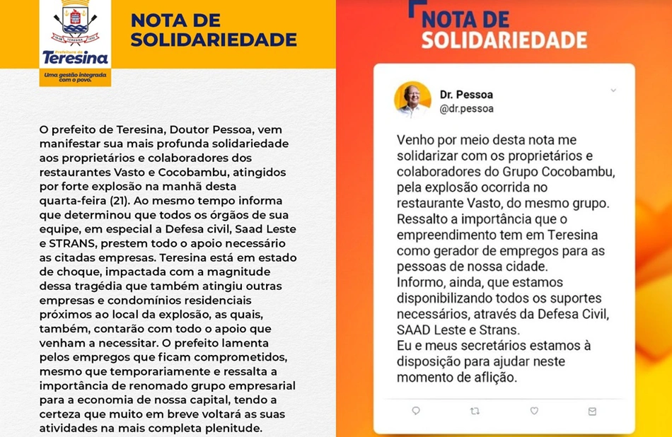 Notas em solidariedade às vítimas da explosão no restaurante Vasto