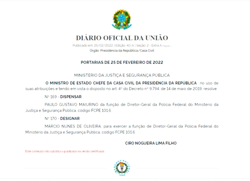 A exoneração de Paulo Maiurino publicada no Diário Oficial