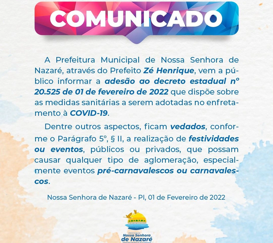 Comunicado da Prefeitura de Nossa Senhora de Nazaré