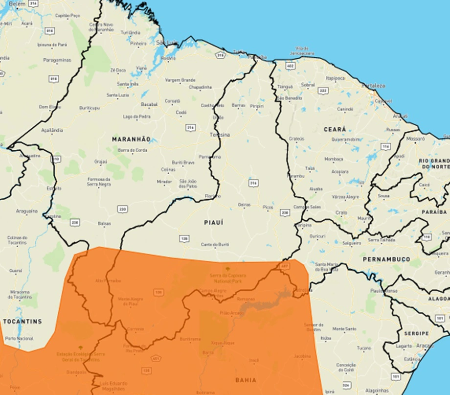 Inmet emite alerta laranja de perigo de chuvas intensas para o Piauí