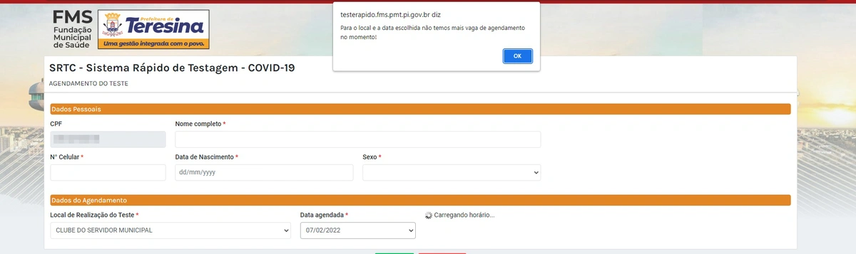 Site de agendamento sem vagas disponíveis