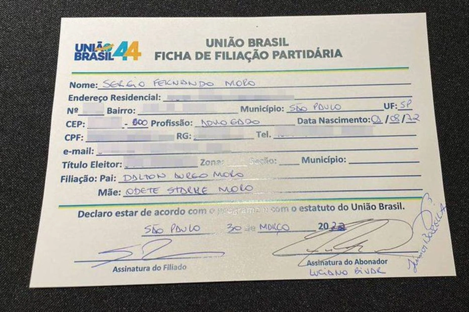 Ficha de filiação do ex-juiz Sérgio Moro ao União Brasil