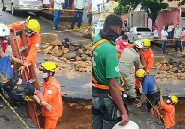 Homem sendo resgatado do buraco