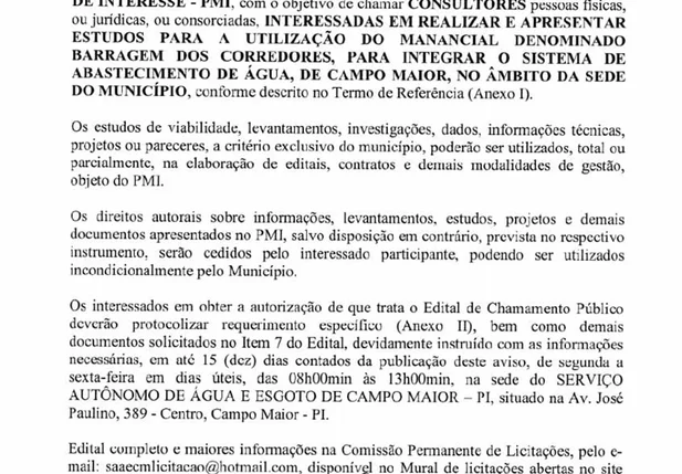 Procedimento de Manifestação de Interesse realizado pela Prefeitura de Campo Maior