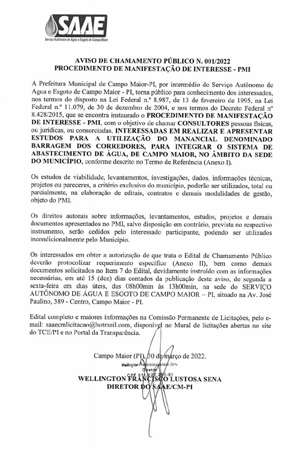 Procedimento de Manifestação de Interesse realizado pela Prefeitura de Campo Maior