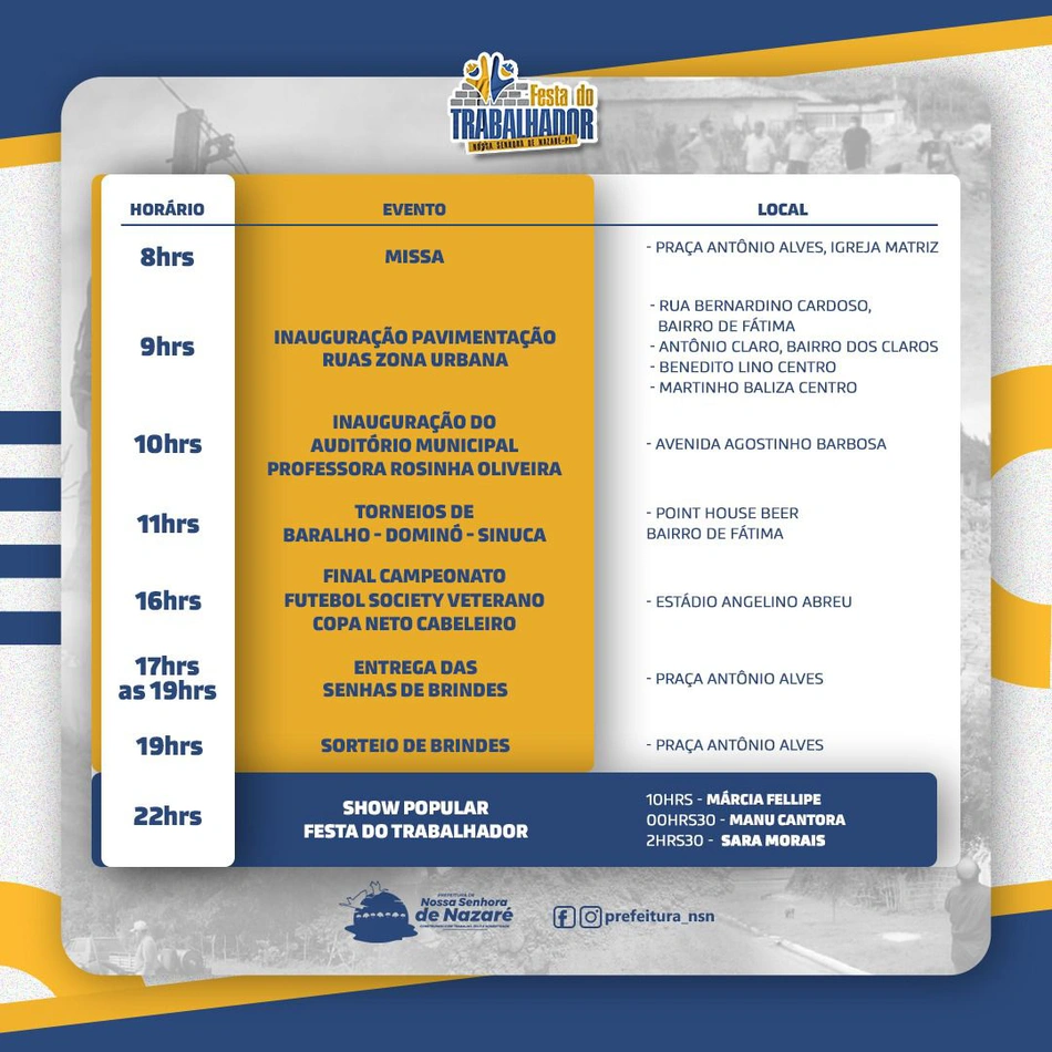 Confira a programação da Festa do Trabalhador em Nossa Senhora de Nazaré