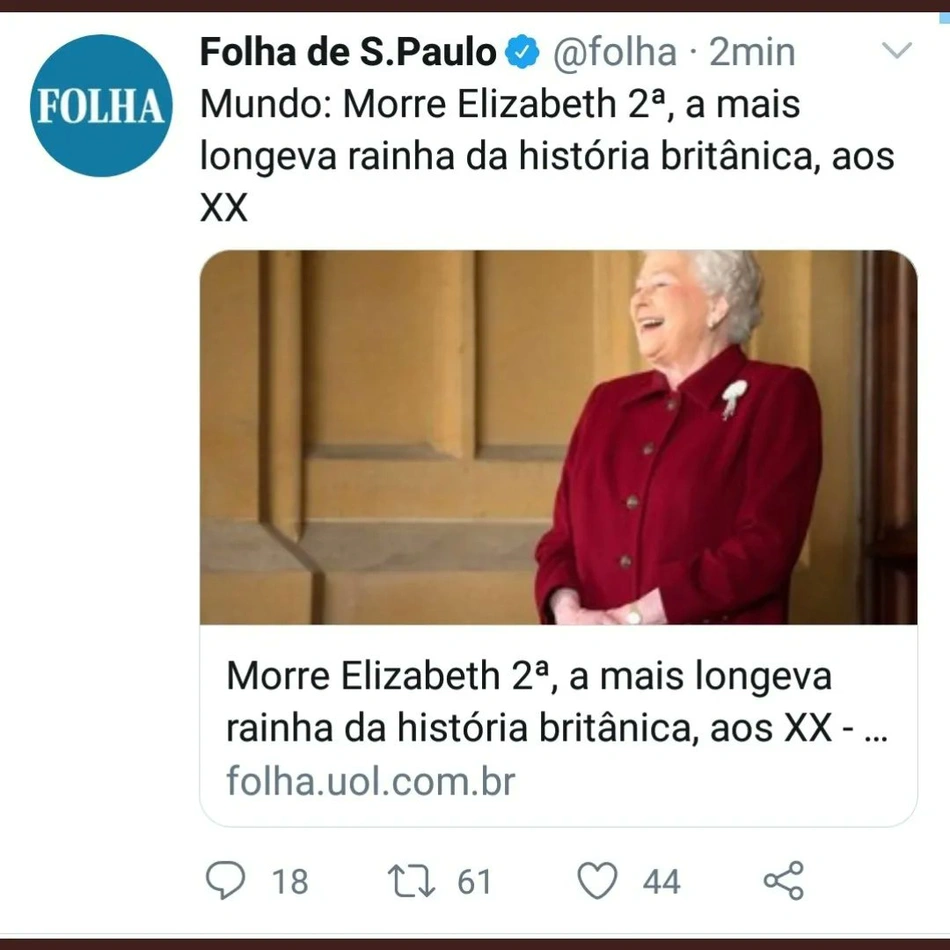 Folha de São Paulo noticia por engano morte da rainha Elizabeth II