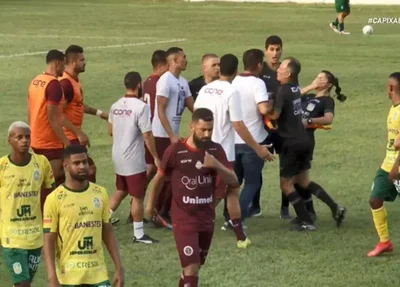 Momento em que o técnico acerta a árbitra assistente no campeonato capixaba