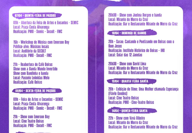 Prefeitura de Oeiras divulga programação cultural da Semana Santa 2022