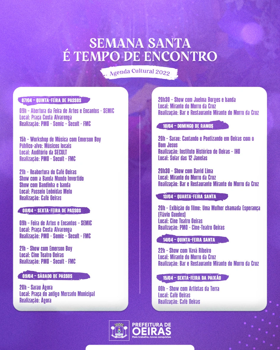 Prefeitura de Oeiras divulga programação cultural da Semana Santa 2022