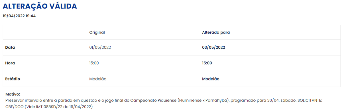 Sistema de registros da CBF especifica mudança de data do confronto entre Castanhal e Fluminense-PI
