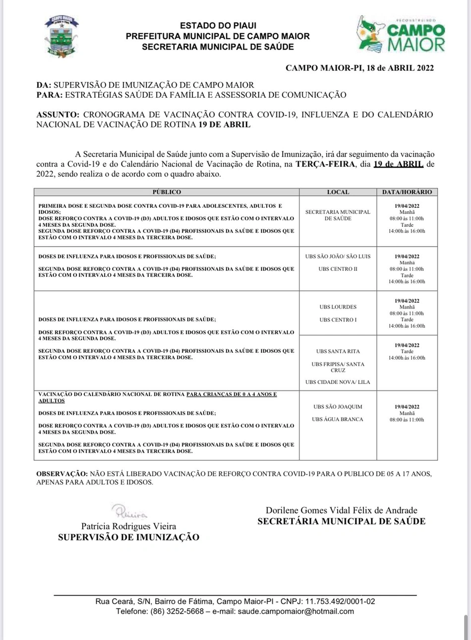 Veja calendário de vacinação contra a Covid e Influenza em Campo Maior