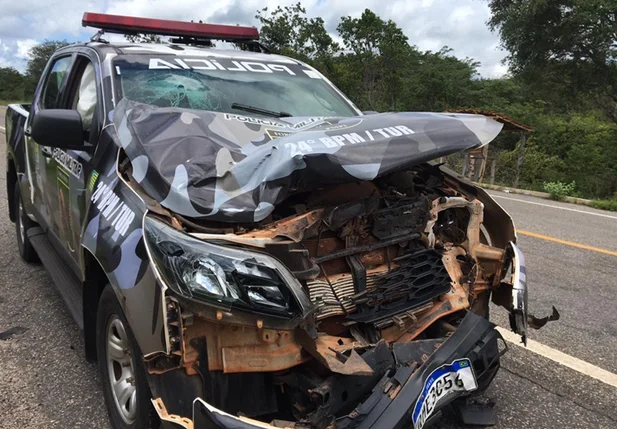 Viatura fica destruída após colidir em animal na BR 343