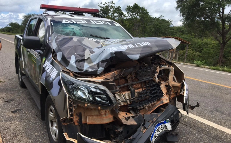 Viatura fica destruída após colidir em animal na BR 343