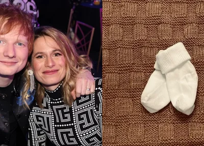 Ed Sheeran, esposa e sapatinhos de bebê