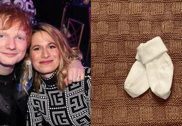Ed Sheeran, esposa e sapatinhos de bebê