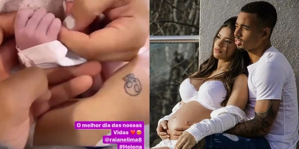 Gabriel Jesus e Raiana segurando a mão da filha