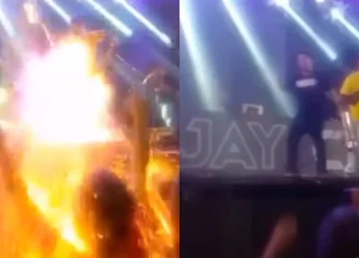 Momento em que Letícia é atingida pelos fogos de artifício