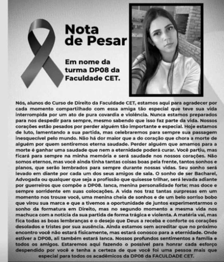 Nota de pesar feita pela turma de Ianca