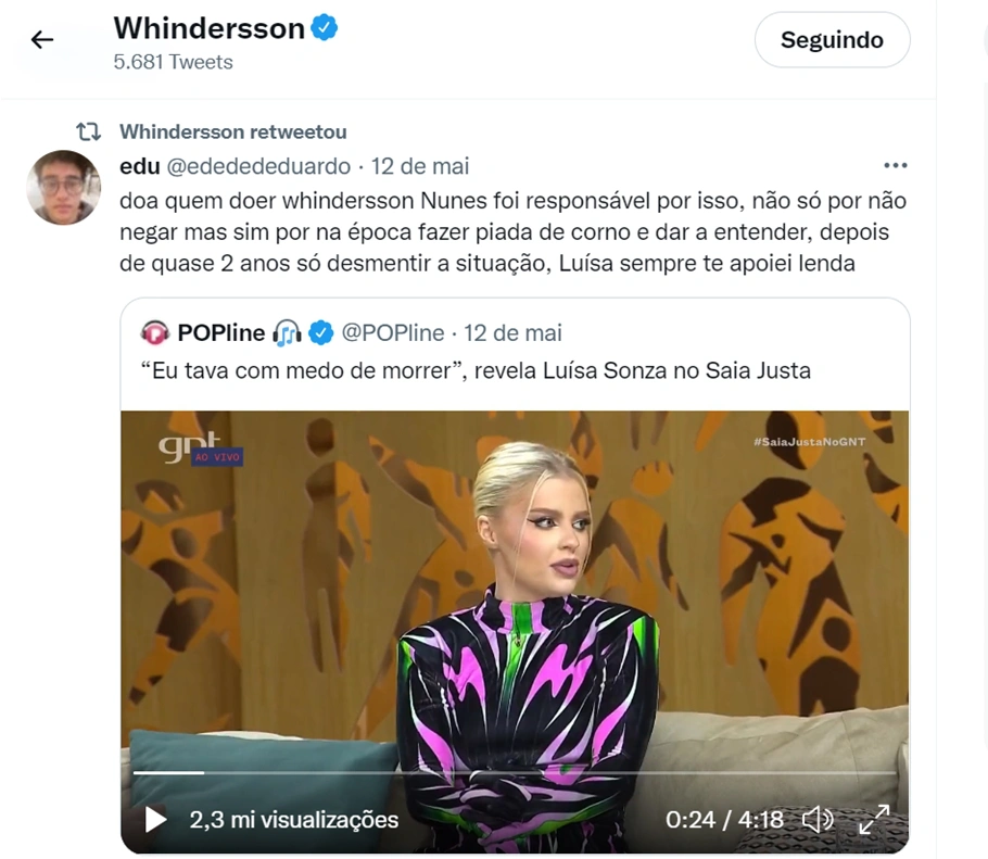 Postagem foi compartilhada por Whindersson