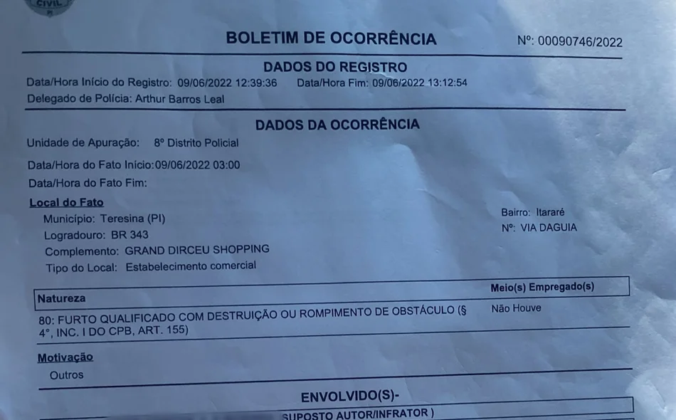 Boletim de Ocorrência registrado pela empresária