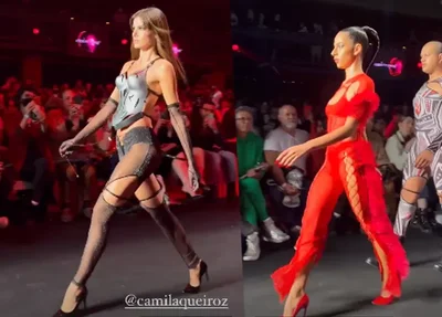 Camilla Queiroz e Marina Sena na passarela do SPFW.