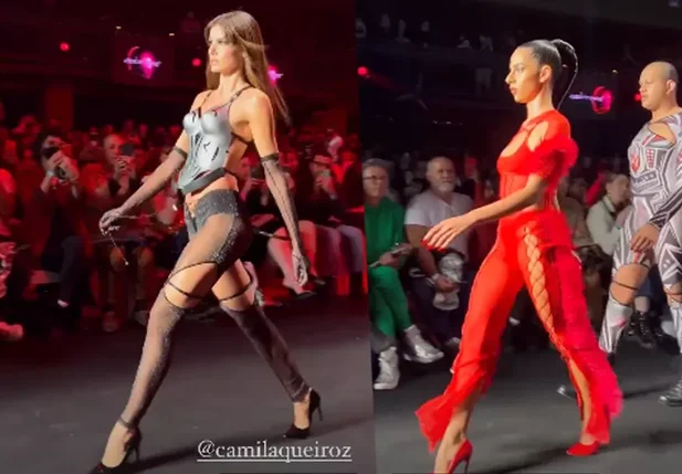 Camilla Queiroz e Marina Sena na passarela do SPFW.