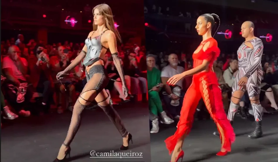 Camilla Queiroz e Marina Sena na passarela do SPFW.