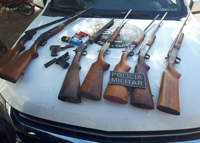 Foram apreendidas seis espingardas, duas pistolas e um rifle