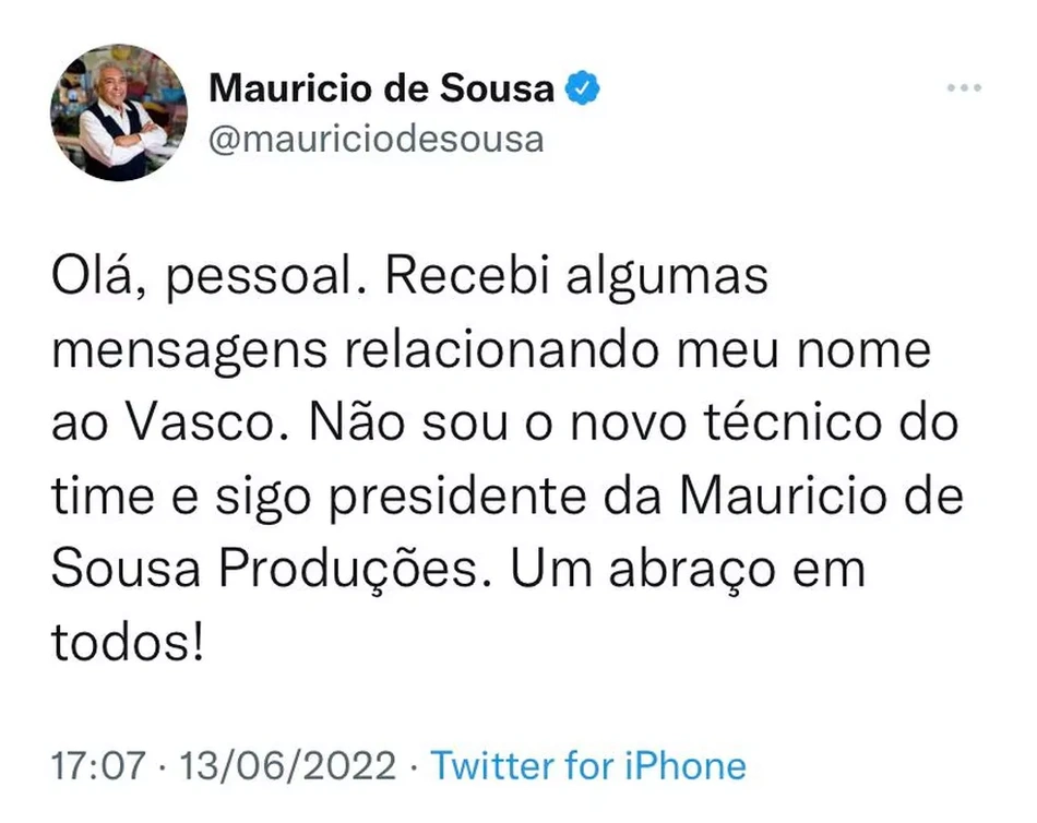 Maurício de Sousa nega ser novo técnico do Vasco