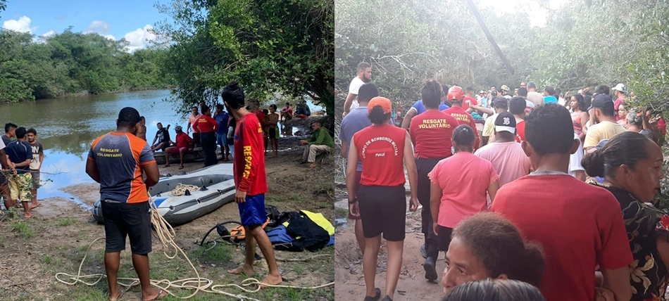 Populares, Grupo de Resgate Voluntário e Bombeiros Militares do Piauí no local do afogamento