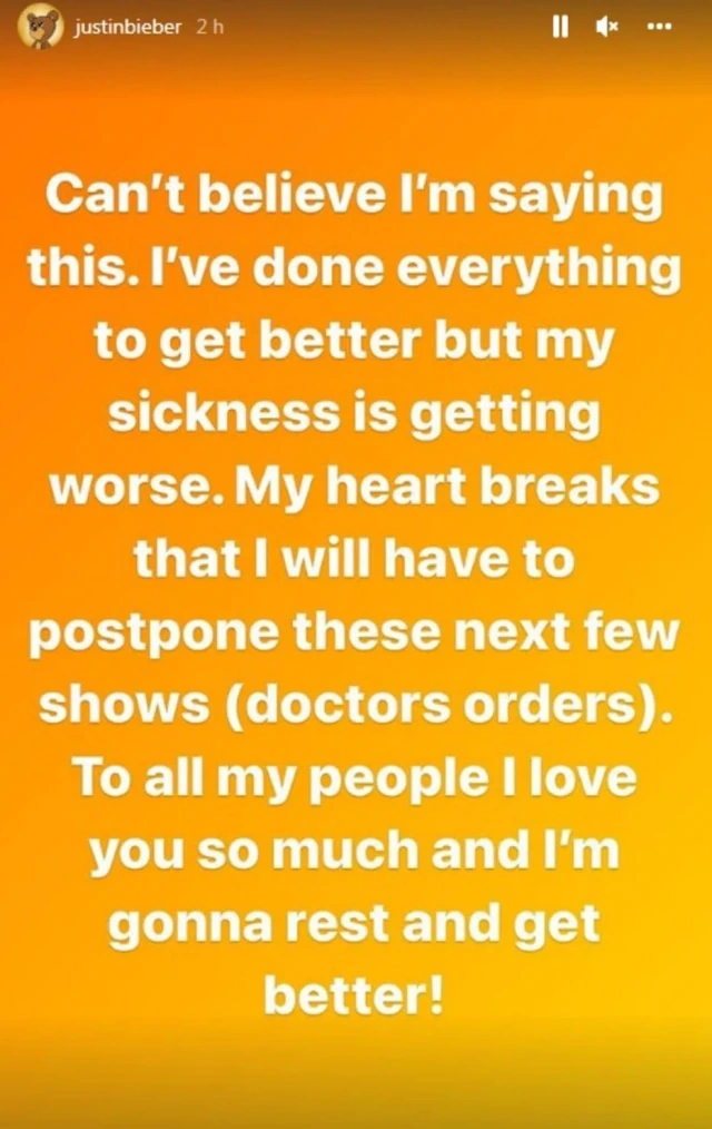Pronunciamento de Justin Bieber no Instagram sobre o adiamento de shows.